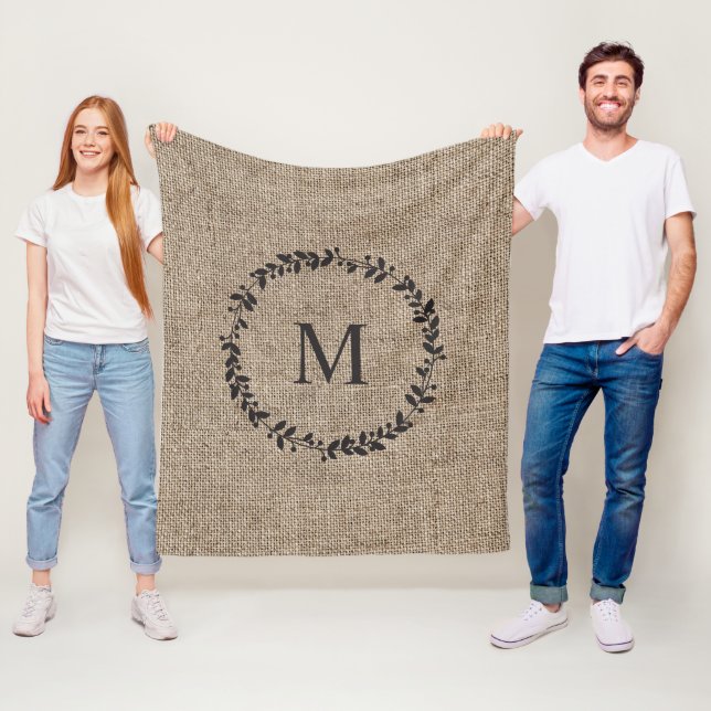 Rustic Laurel Wreath Farmhouse Burlap Monogrammed  Fleece Blanket (In Situ)