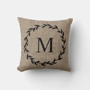 Rustic Laurel Wreath Farmhouse Style Monogrammed Cushion