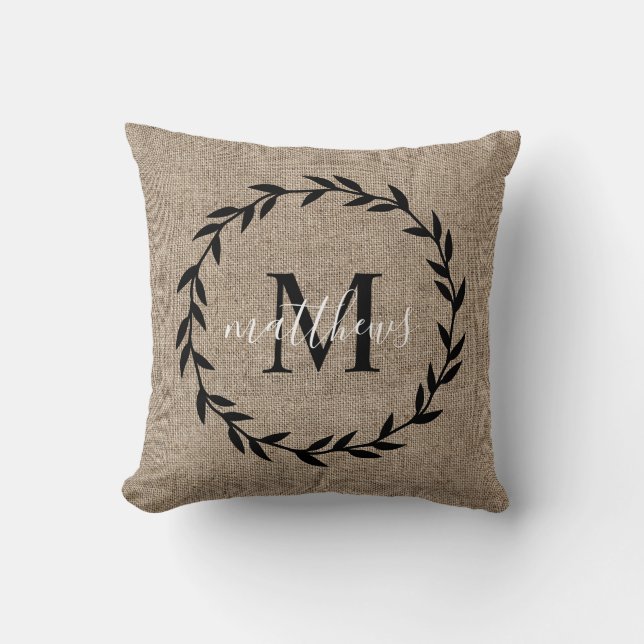 Rustic Laurel Wreath Farmhouse Style Monogrammed  Cushion (Front)