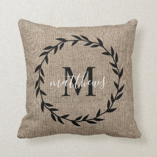 Rustic Laurel Wreath Farmhouse Style Monogrammed  Cushion