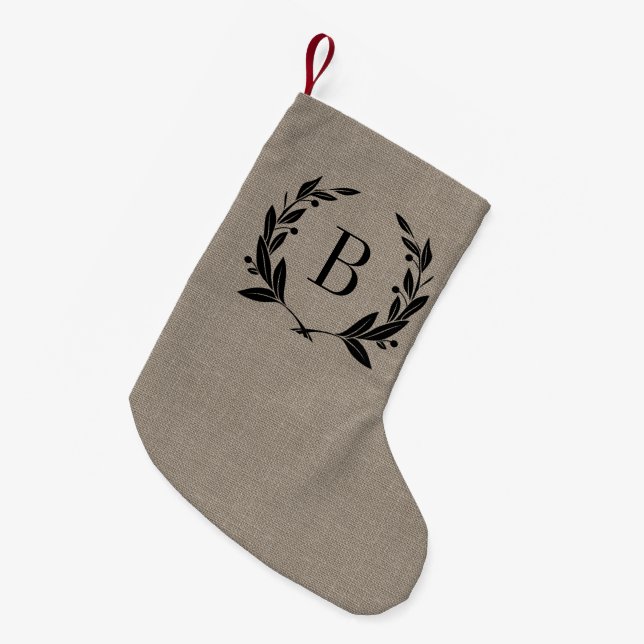 Rustic Laurel Wreath Monogram Small Christmas Stocking (Front (Hanging))