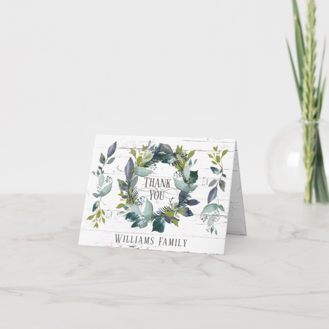 Rustic Laurel Wreath Watercolor Greenery Name Thank You Card (Front)
