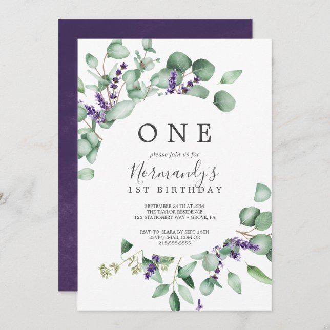 Rustic Lavender and Eucalyptus First Birthday Invitation (Front/Back)