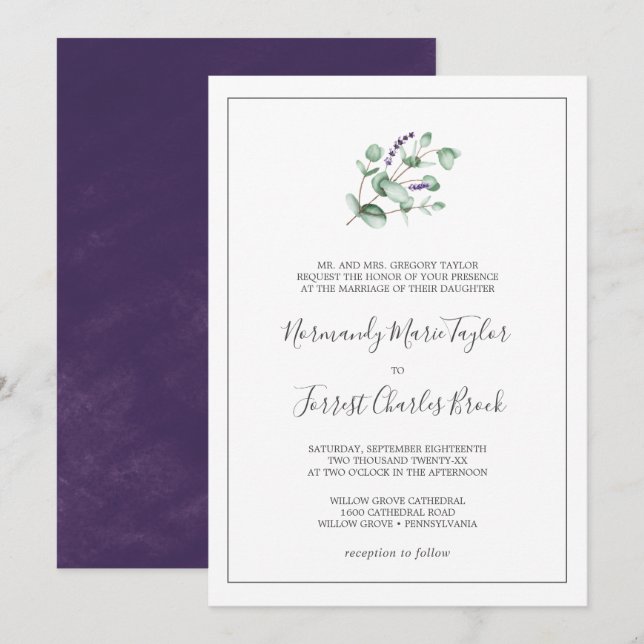 Rustic Lavender and Eucalyptus Formal Wedding Invitation (Front/Back)
