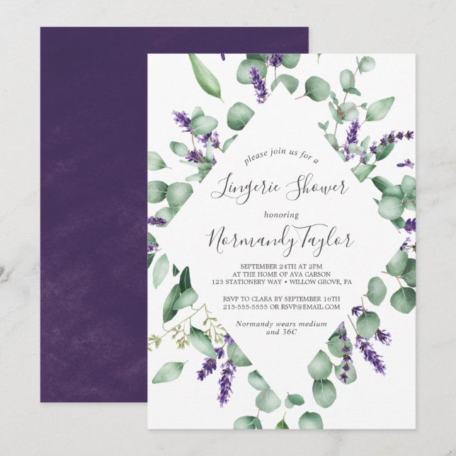 Rustic Lavender and Eucalyptus Lingerie Shower Invitation (Front/Back)