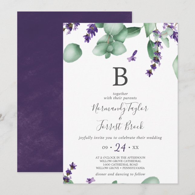 Rustic Lavender and Eucalyptus Monogram Wedding Invitation (Front/Back)
