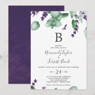 Rustic Lavender and Eucalyptus Monogram Wedding Invitation