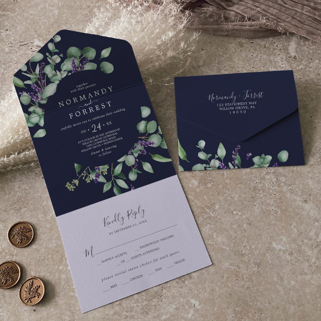 Rustic Lavender and Eucalyptus | Navy Blue Wedding All In One Invitation (Creator Uploaded)