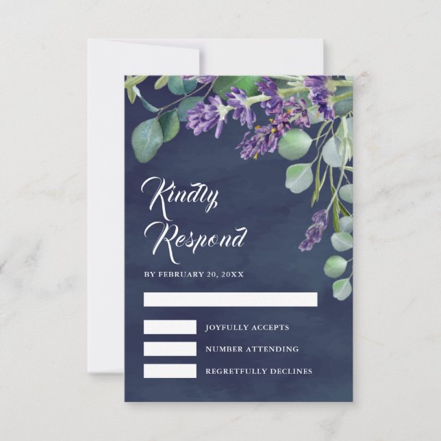 Rustic Lavender and Eucalyptus Navy Blue Wedding RSVP Card (Front)