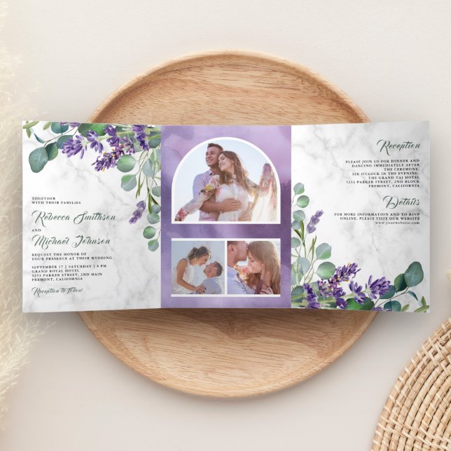 Rustic Lavender and Eucalyptus Photo Arch Wedding Tri-Fold Invitation (Creator Uploaded)