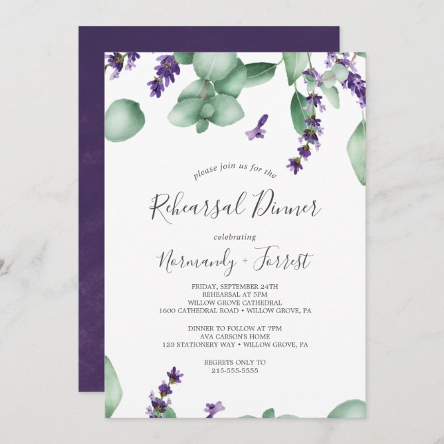 Rustic Lavender and Eucalyptus Rehearsal Dinner Invitation (Front/Back)