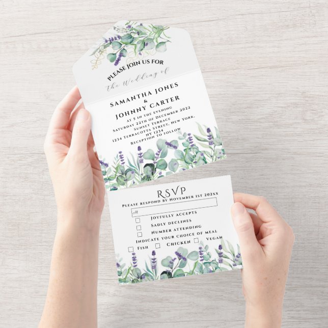 Rustic Lavender and Eucalyptus RSVP Wedding All In One Invitation (Tearaway)