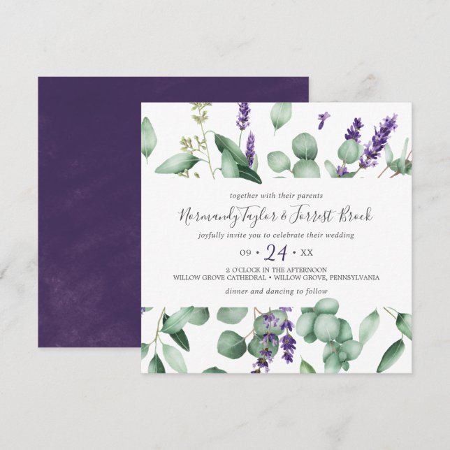Rustic Lavender and Eucalyptus Square Wedding Invitation (Front/Back)