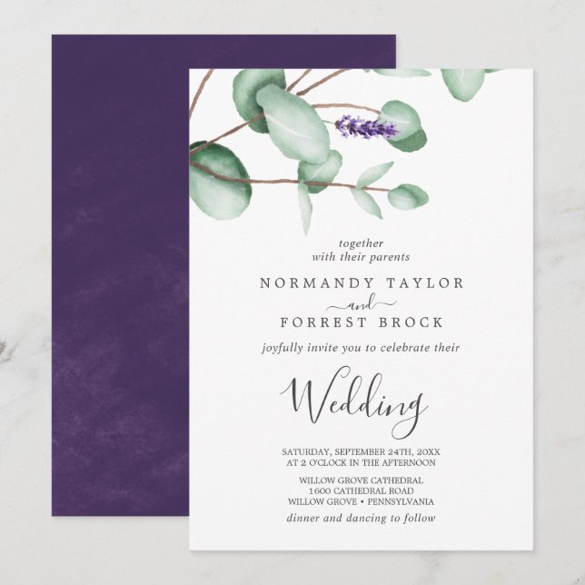 Rustic Lavender and Eucalyptus Wedding Invitation (Front/Back)