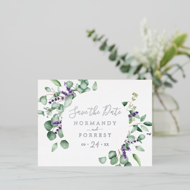 Rustic Lavender Circle | Silver Foil Save the Date Foil Invitation Postcard (Standing Front)