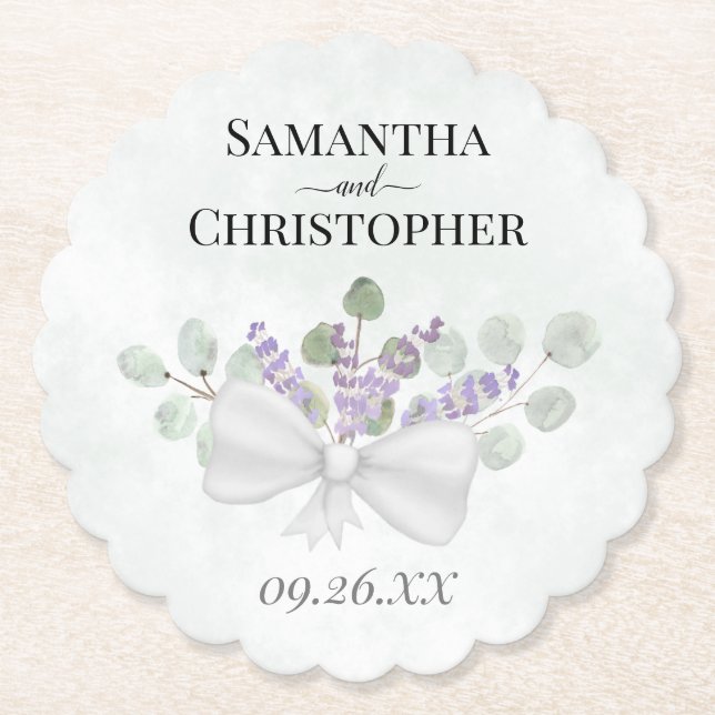 Rustic Lavender & Eucalyptus Bouquet Wedding Paper Coaster (Front)