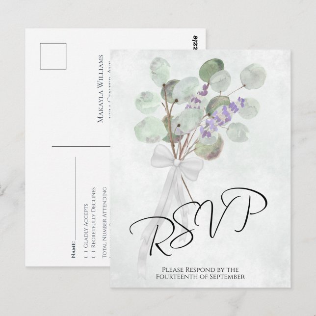 Rustic Lavender Eucalyptus Bouquet Wedding RSVP Postcard (Front/Back)