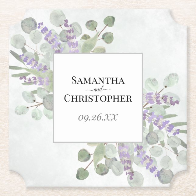 Rustic Lavender & Eucalyptus Elegant Wedding Paper Coaster (Front)