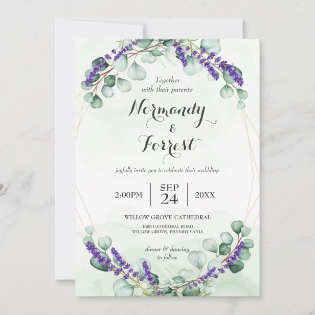 Rustic Lavender Eucalyptus Gold Frame Wedding Invitation (Front)