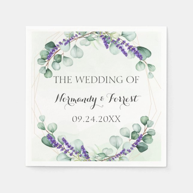 Rustic Lavender Eucalyptus Gold Frame Wedding Napkin (Front)