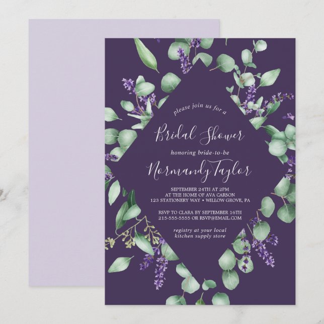 Rustic Lavender & Eucalyptus Purple Bridal Shower Invitation (Front/Back)