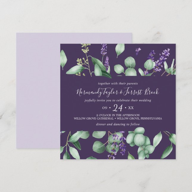 Rustic Lavender & Eucalyptus Purple Square Wedding Invitation (Front/Back)