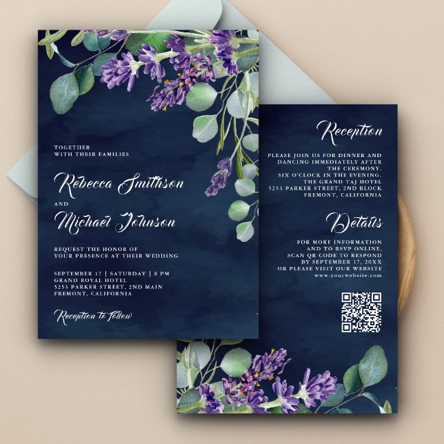 Rustic Lavender Eucalyptus QR Code Navy Wedding Invitation (Creator Uploaded)