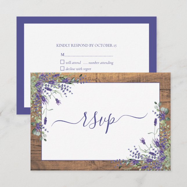 Rustic Lavender Eucalyptus Script Wood RSVP (Front/Back)