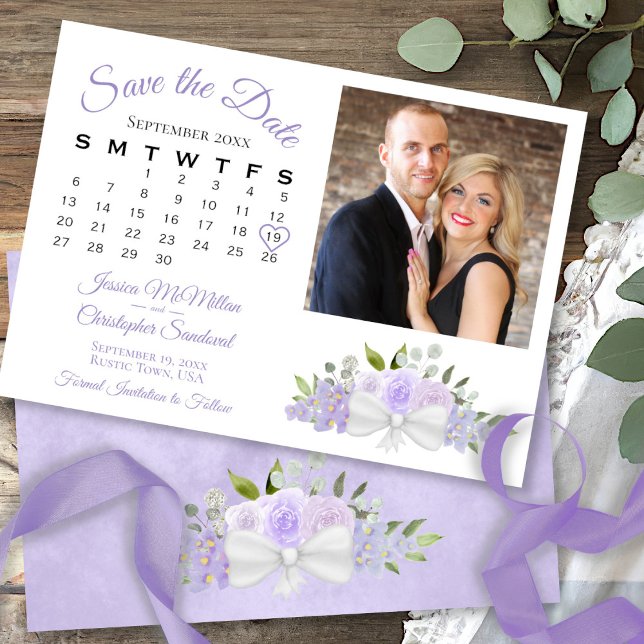 Rustic Lavender Floral Calendar & Photo Wedding Save The Date (In Situ Front/Back)