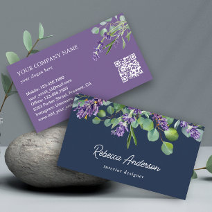 Rustic Lavender Floral Eucalyptus Navy QR Code Business Card