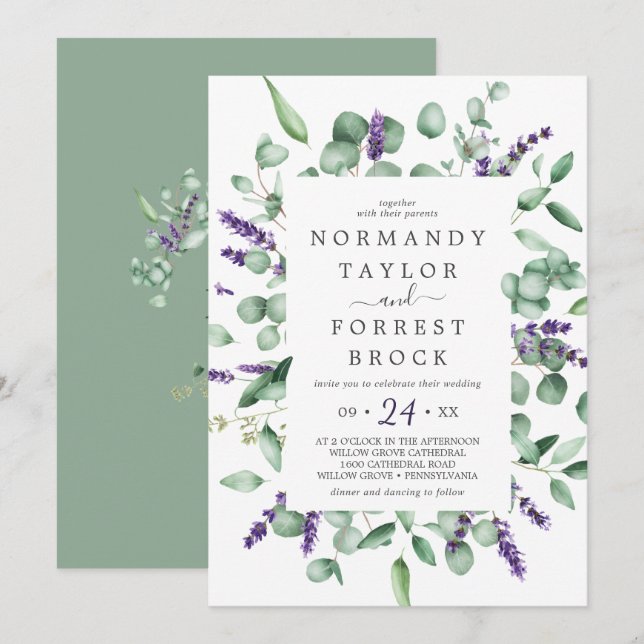 Rustic Lavender Floral Frame Monogram Back Wedding Invitation (Front/Back)