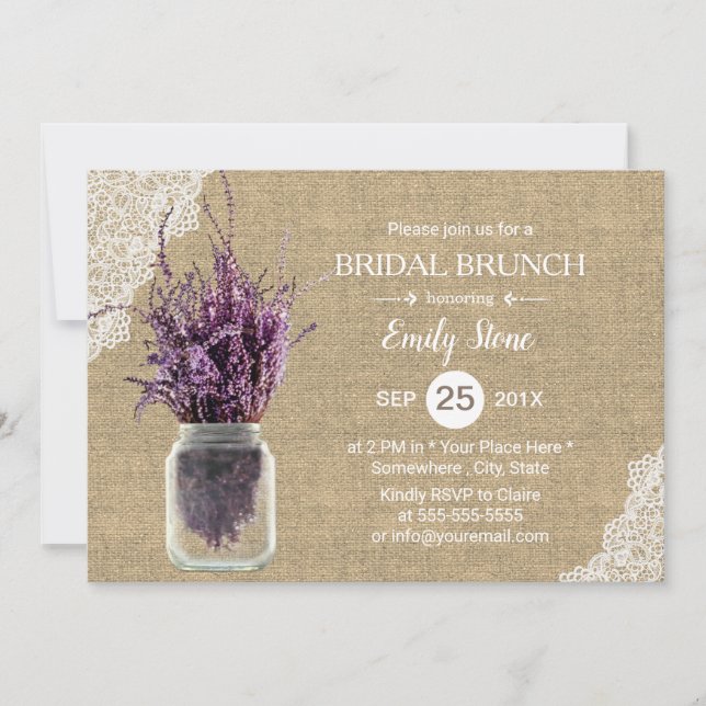 Rustic Lavender Floral Jar Burlap Bridal Shower Invitation (Front)