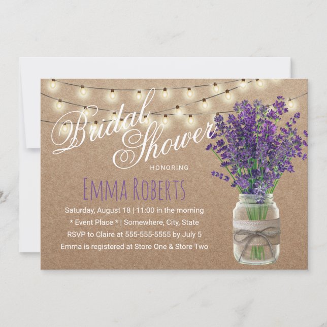 Rustic Lavender Floral Jar Kraft Bridal Shower Invitation (Front)