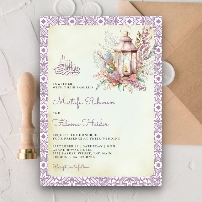 Rustic Lavender Floral Lantern Muslim Wedding Invitation (Creator Uploaded)