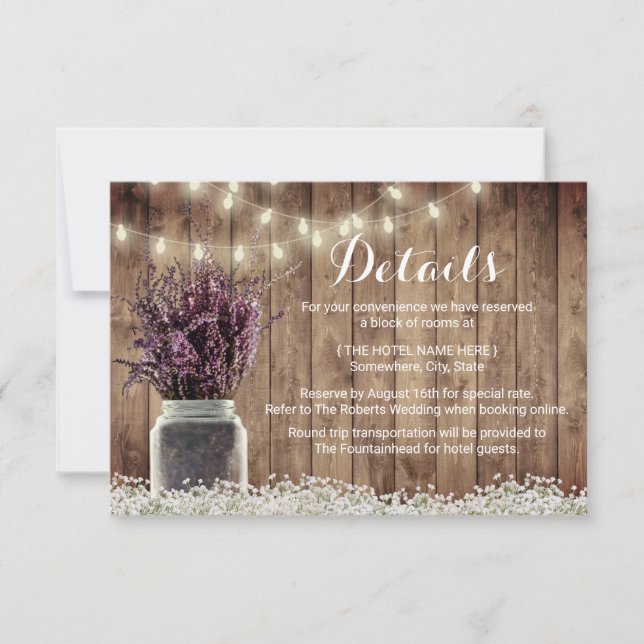 Rustic Lavender Floral Mason Jar Wedding Details Invitation (Front)