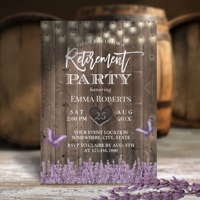 Rustic Lavender Floral Vintage Wood Retirement Invitation (Creator Uploaded)