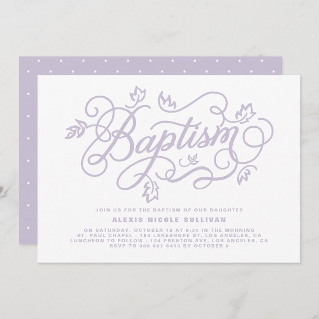 Rustic Lavender Foliage Lettering Baptism Invitation (Front/Back)