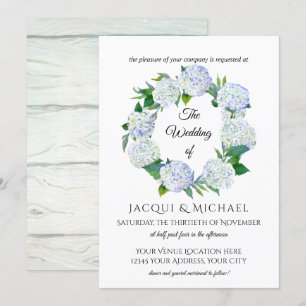 Rustic Lavender Hydrangea Floral Wreath Wedding Invitation