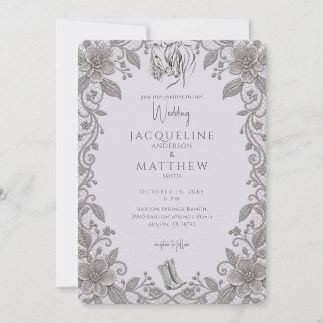 Rustic Lavender & Lace Horses Wedding Invitation (Front)