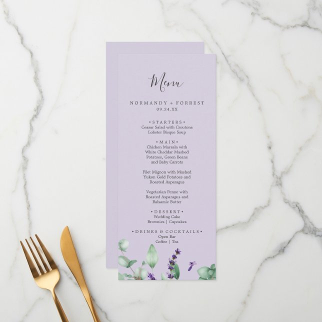 Rustic Lavender | Light Purple Wedding Menu (Front/Back In Situ)