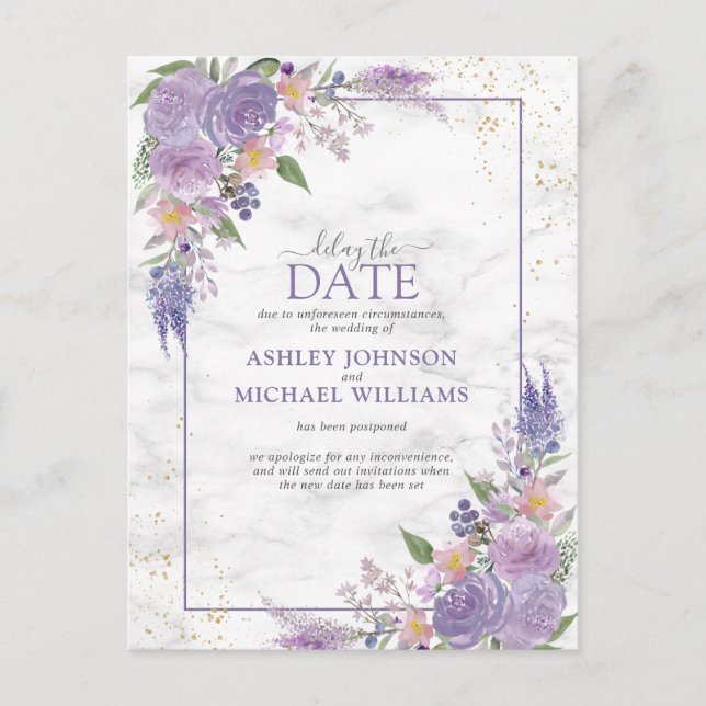 Rustic Lavender Lilac Gold Floral Delay The Date Announcement Postcard (Front)