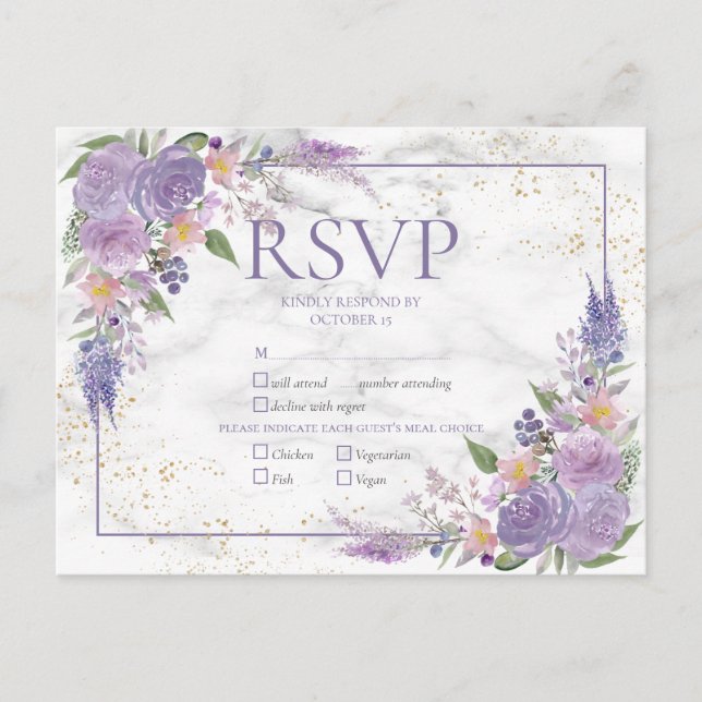 Rustic Lavender Lilac Gold Floral Wedding RSVP Invitation Postcard (Front)