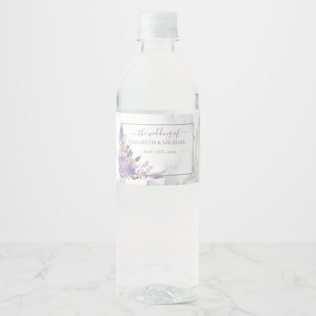 Rustic Lavender Marble Floral Wedding Water Bottle Label (Front)