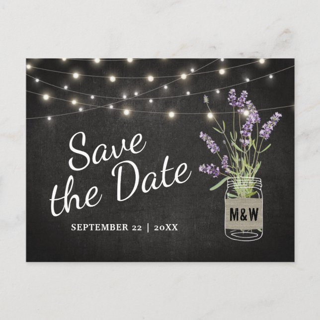 Rustic Lavender Mason Jar Lights Save the Date Announcement Postcard (Front)