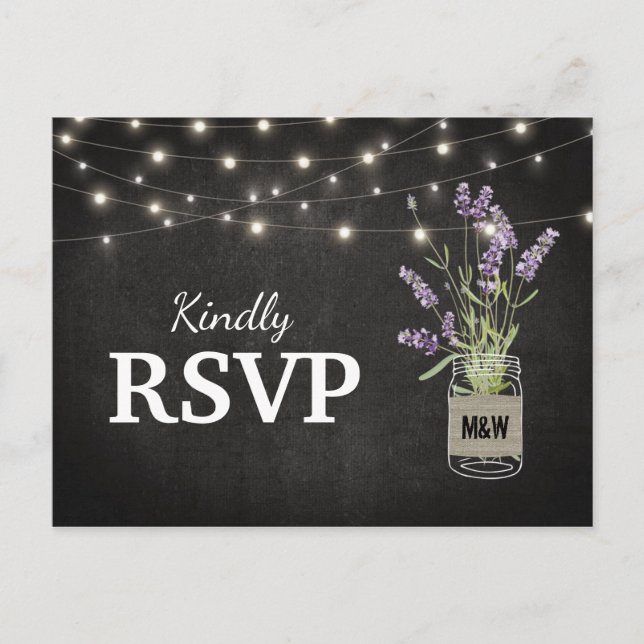 Rustic Lavender Mason Jar Lights Wedding RSVP Invitation Postcard (Front)