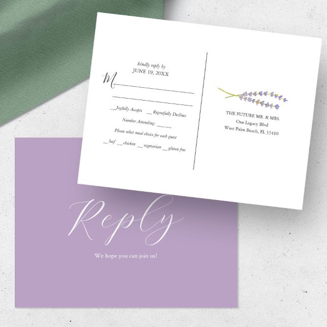 Rustic Lavender Meal Choice RSVP Postcard (RSVP postcard with meal choice minimalistic watercolor lavender art by Victoria Grigaliunas)