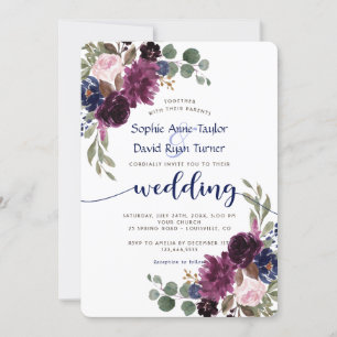 Rustic Lavender Navy Blue Floral Bloom Wedding Invitation