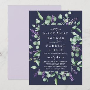 Rustic Lavender   Navy Blue Floral Frame Wedding Invitation