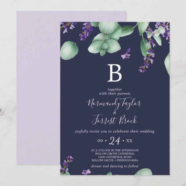 Rustic Lavender | Navy Blue Monogram Wedding Invitation (Front/Back)