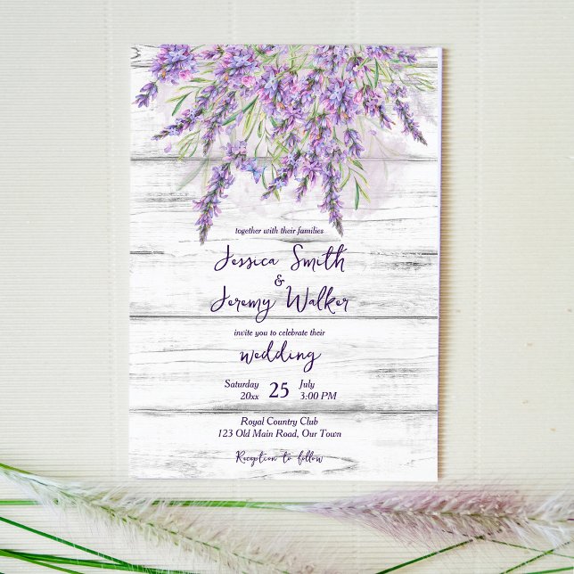 Rustic lavender on white wood wedding invitation (Creator Uploaded)